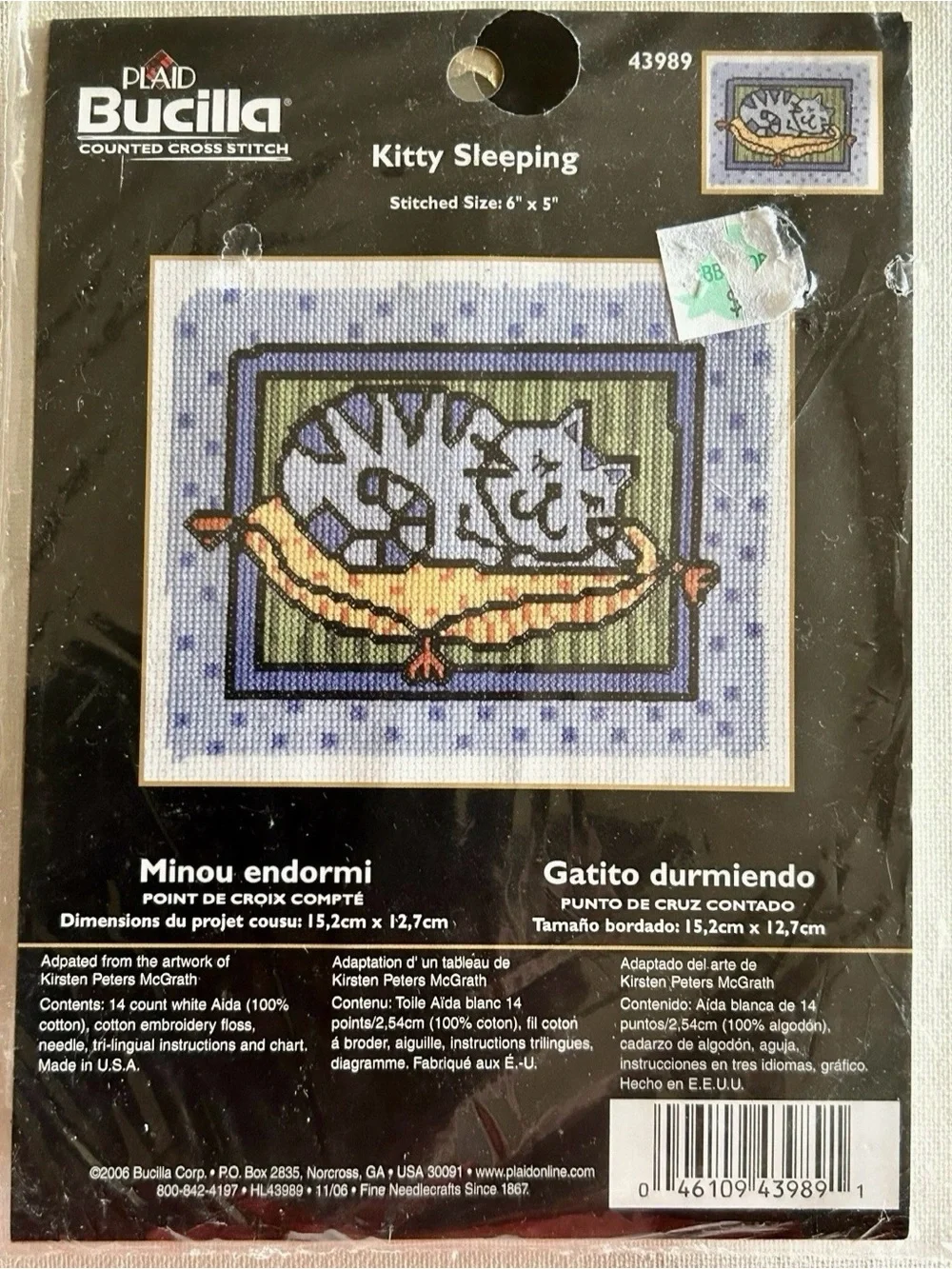 Bucilla Kitty Sleeping Counted Cross Stitch Kit - Gray Cat on Yellow Pillow